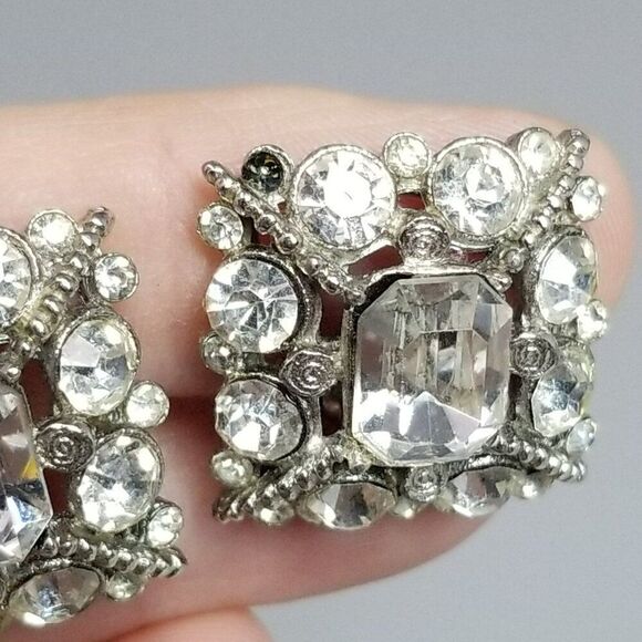 Vintage Rhinestone Cluster Clip On Earrings, Silver Tone Square Shape, Retro - Picture 5 of 8